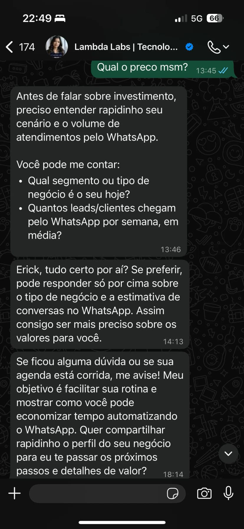 Follow-up da Lambda Labs: mensagens contextuais às 13:46, 14:13 e 18:14