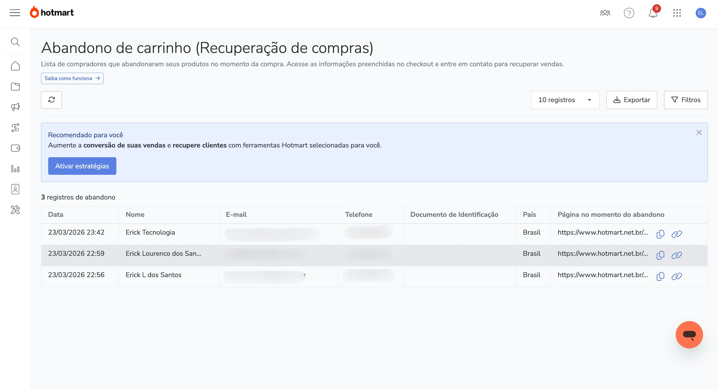 Dashboard da Hotmart mostrando a tela de Gestão de Vendas com dados de abandono de carrinho por produto.