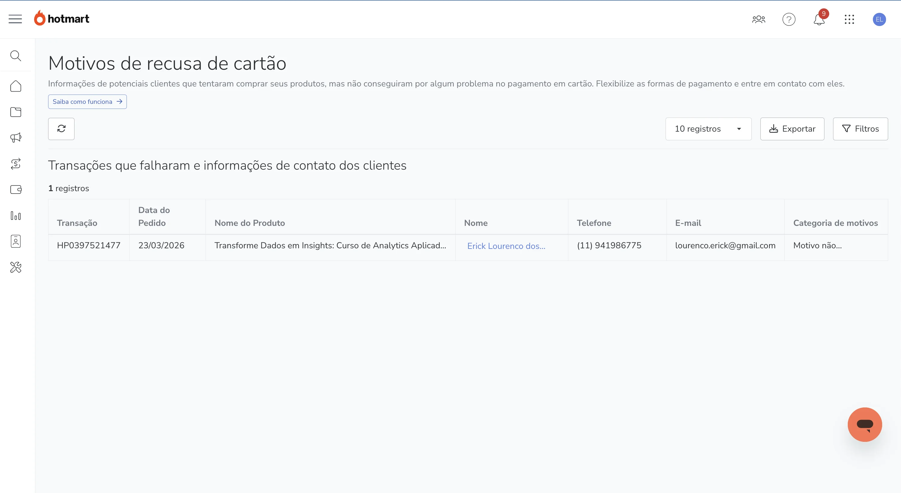 Dashboard da Hotmart mostrando motivos de recusa do cartão na Gestão de Vendas.