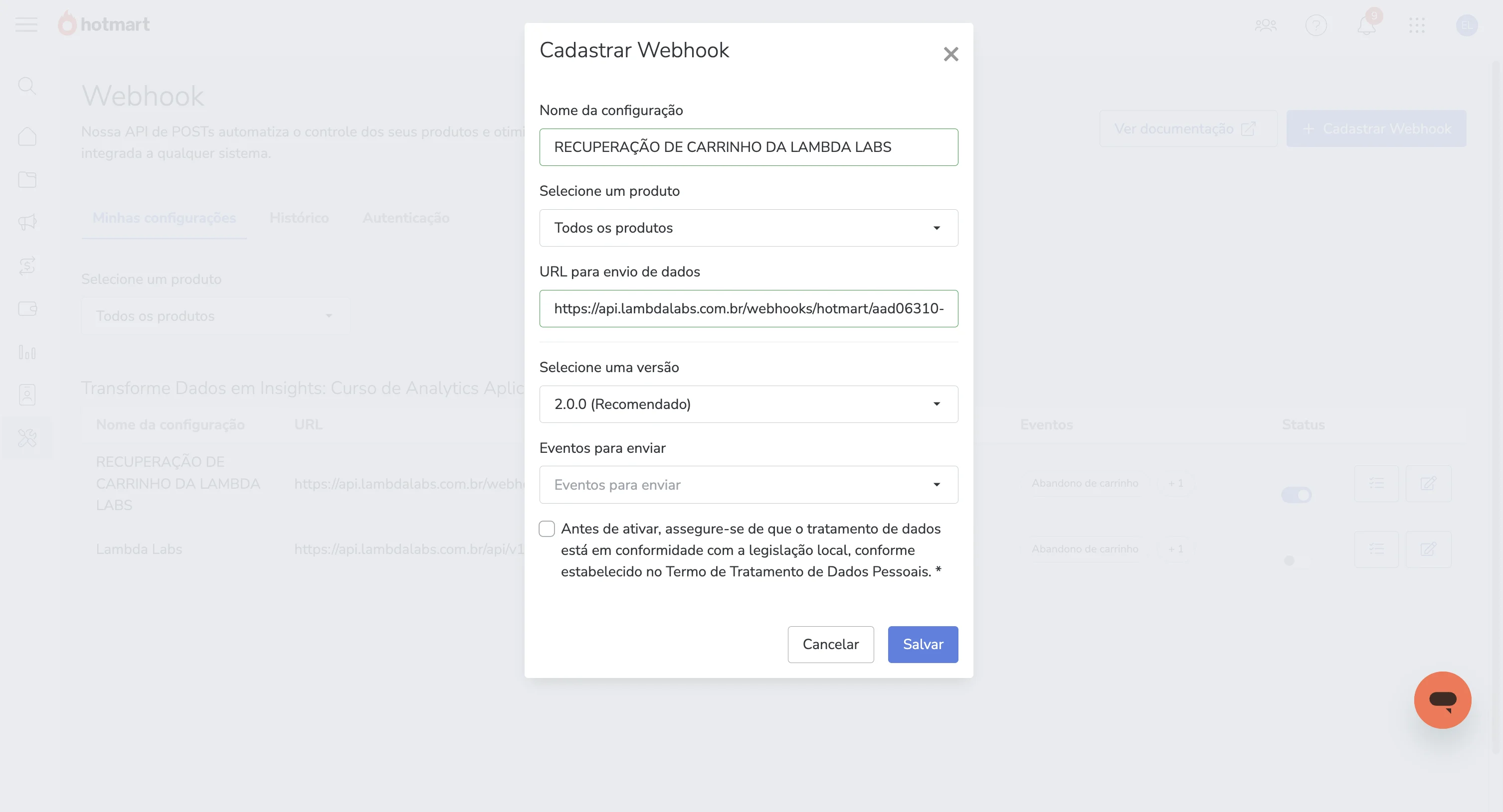 Formulário de criação de webhook na Hotmart com a URL da Lambda Labs preenchida no campo URL para envio de dados.