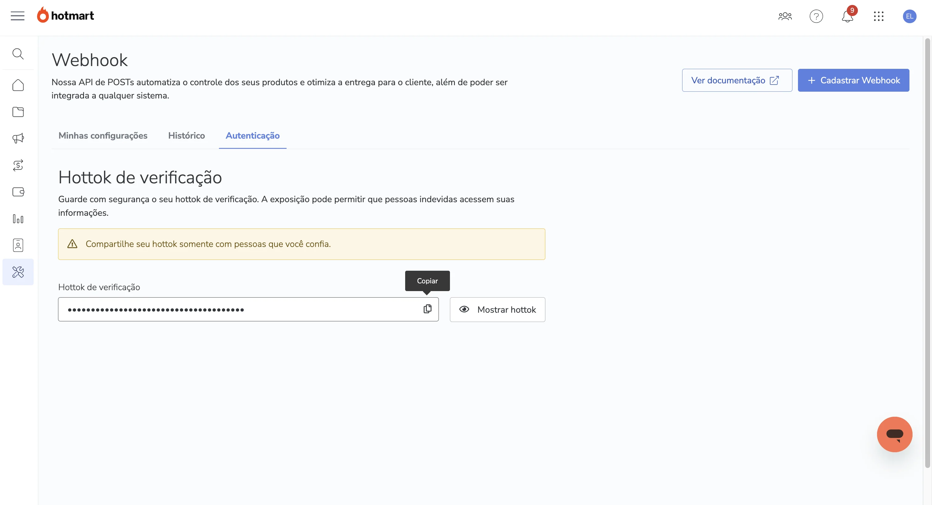 Hottok gerado pela Hotmart após cadastrar o webhook, token de assinatura para validação.