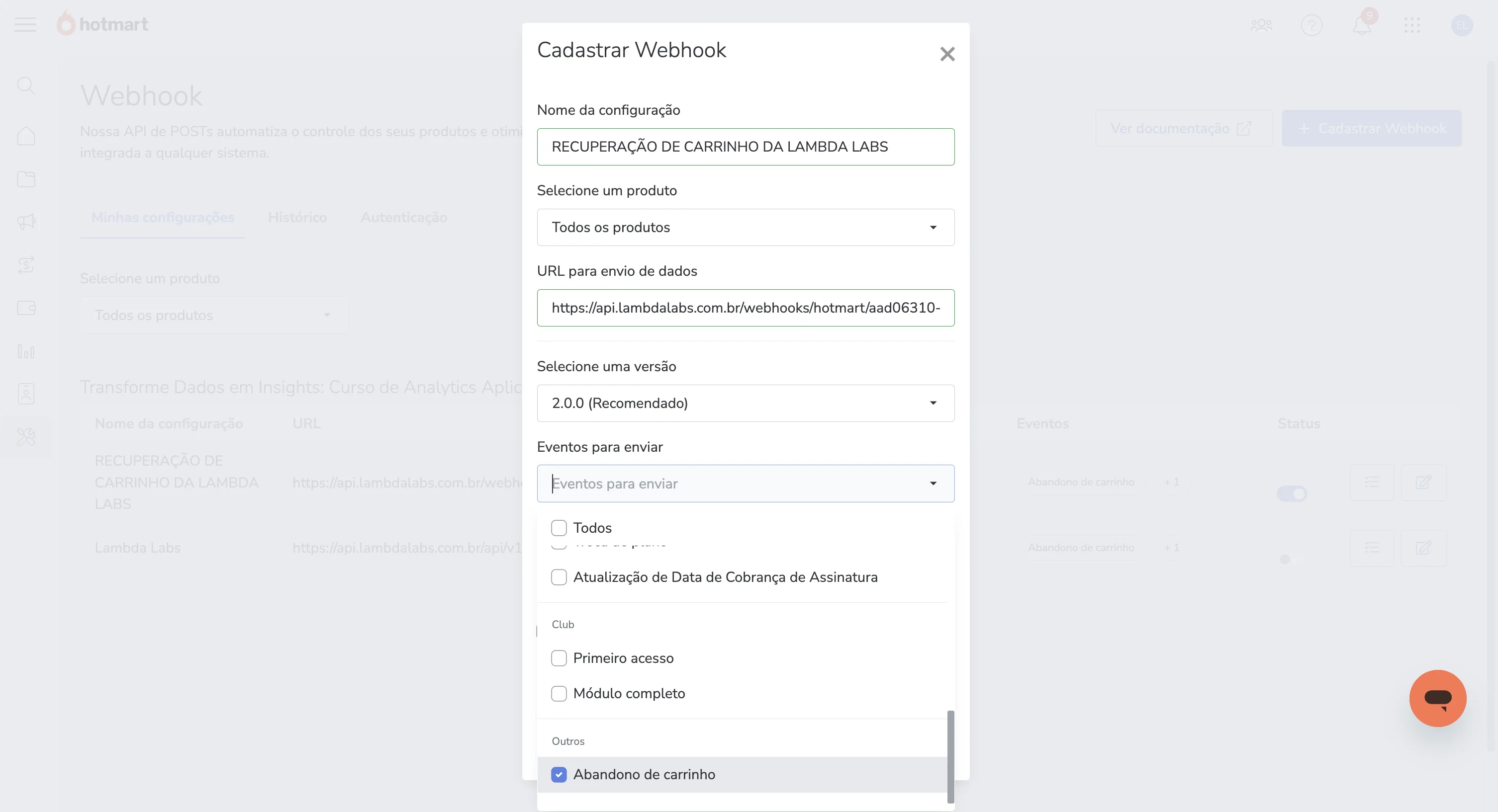 Lista de eventos disponíveis no webhook da Hotmart com checkboxes para seleção.