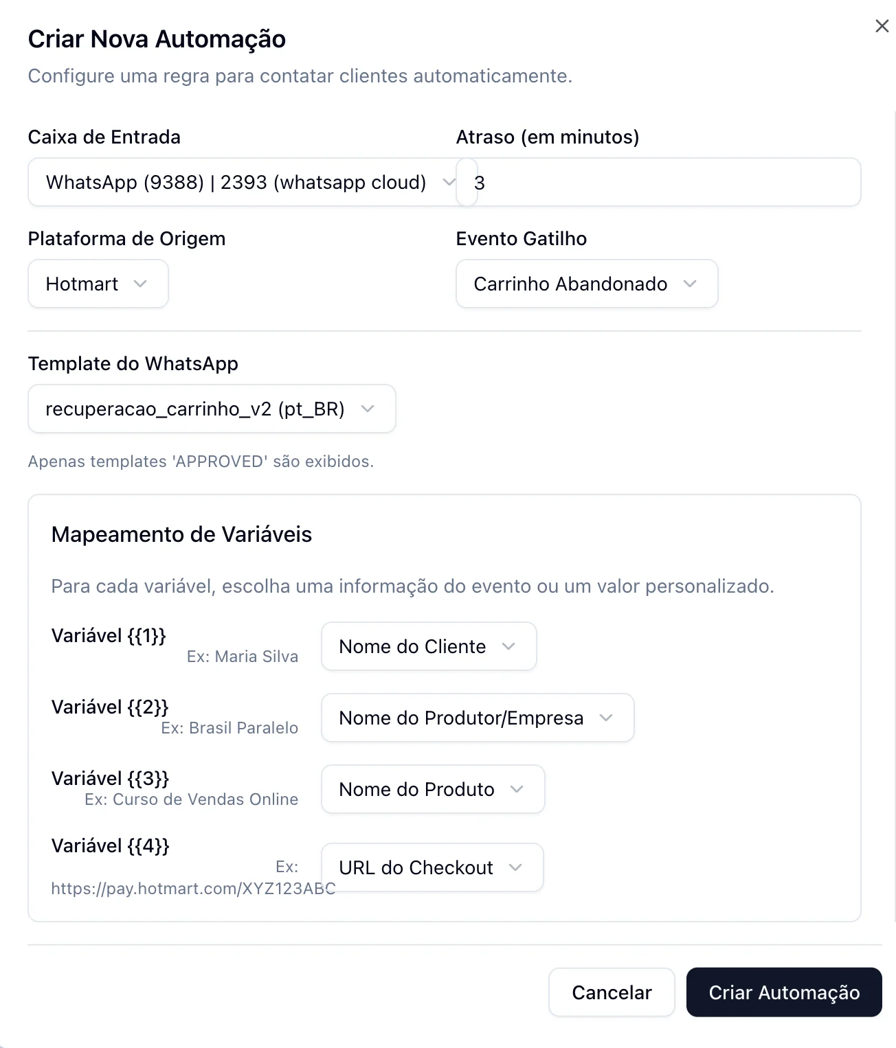 Formulário de criação de automação na Lambda Labs com plataforma Hotmart selecionada, evento Carrinho Abandonado e delay configurado.
