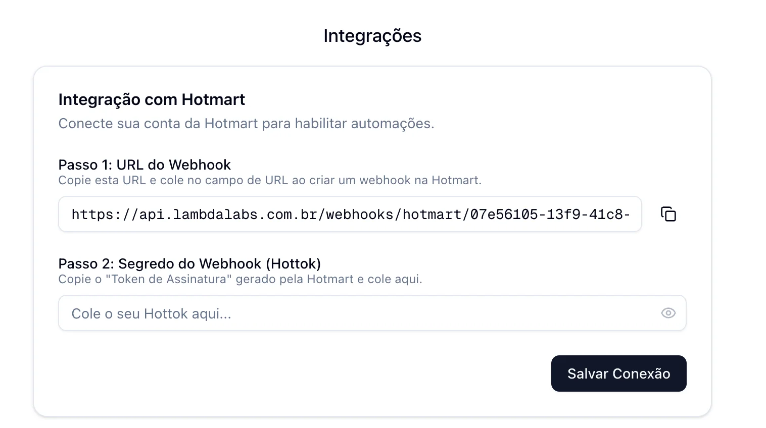 Dashboard Lambda Labs mostrando a configuração de integração com Hotmart, com campo de Hottok e URL do webhook.
