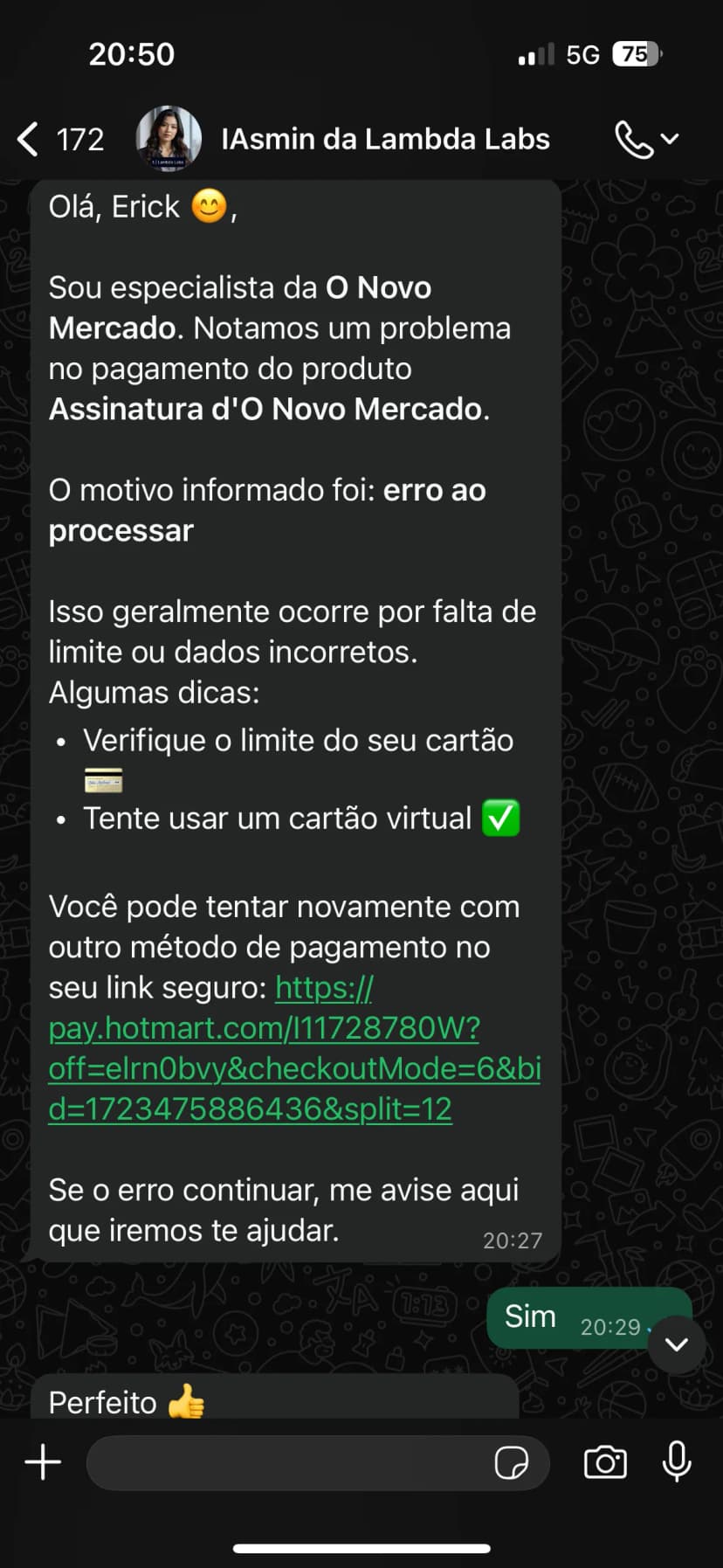 IA da Lambda Labs iniciando recuperação no WhatsApp após webhook de compra negada