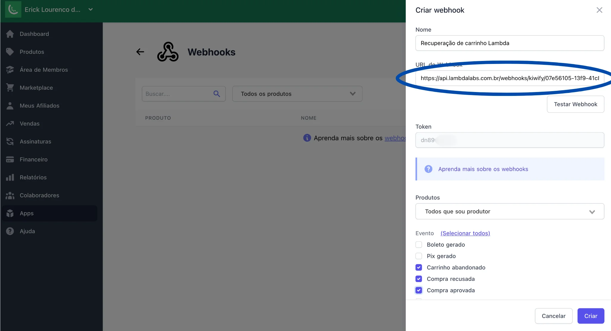 Formulário de criação de webhook na Kiwify com a URL da Lambda Labs preenchida no campo URL.
