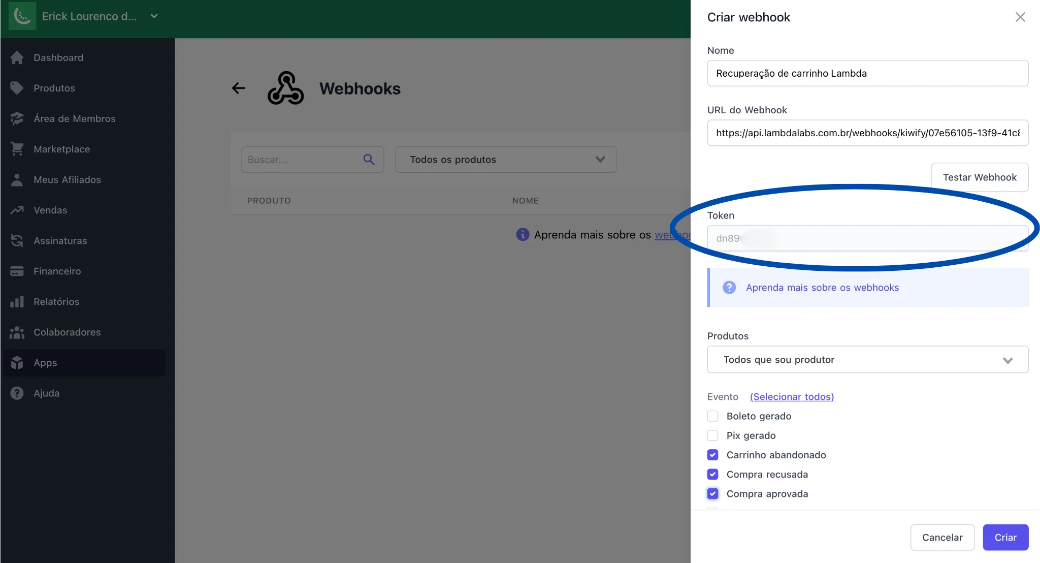 Token de segurança gerado pela Kiwify após cadastrar o webhook, para validação das notificações.