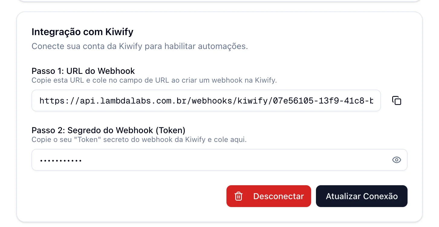 Dashboard Lambda Labs mostrando a configuração de integração com Kiwify, com campo de token e URL do webhook.